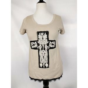 Daytrip Beige T-Shirt with Black Lace Cross and Trim Women's Size M